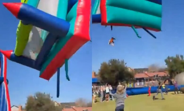 Crianças são arremessadas de castelo inflável em festa escolar Crianças são arremessadas de castelo inflável em festa escolar