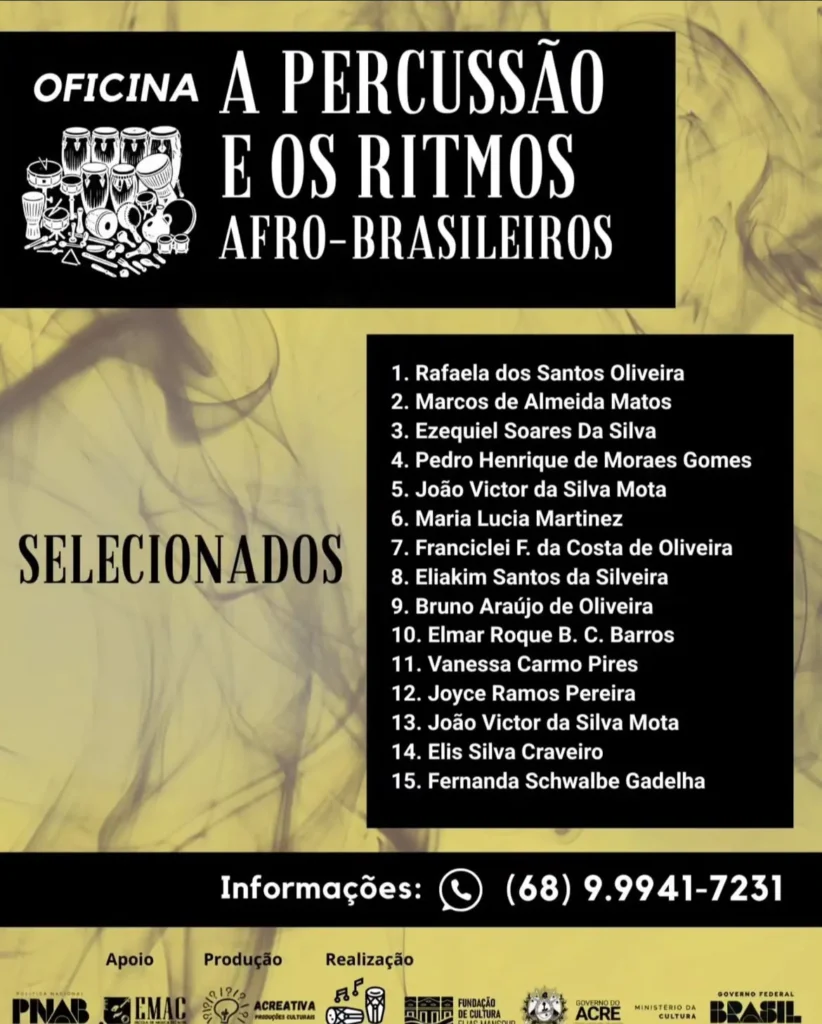 Divulgada lista de selecionados para oficina “A Percussão e os Ritmos Afro-Brasileiros” | ac24horas