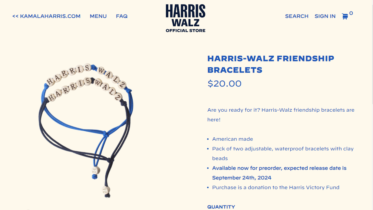 Campanha de Kamala vende “pulseiras da amizade“ após apoio de Taylor Swift