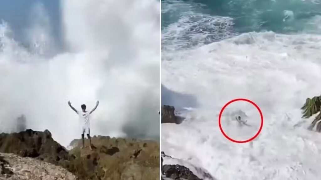 homem é arrastado por onda gigante e corpo desaparece dentro do mar