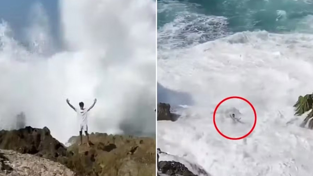 homem é arrastado por onda gigante e corpo desaparece dentro do mar